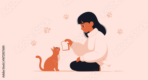 Girl Offering Bread To A Curious Cat, A Visual Of Caring And Affectionate Bond Between Two Creatures