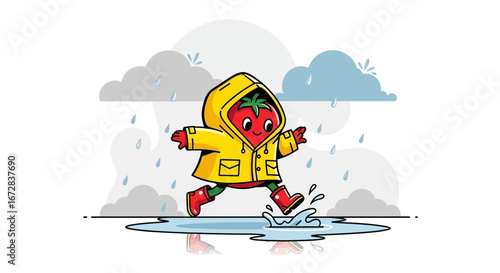 Happy Tomato Character Wearing Yellow Raincoat Jumps Happily Into Puddle