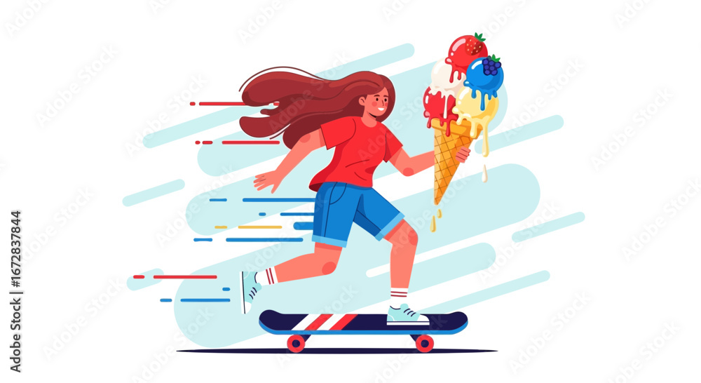 Naklejka premium Girl Skating Fast While Carrying Ice Cream Symbolizing Summer Joyful Moments.
