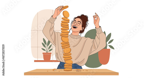 Happy Woman Balancing Sweet Biscuits Creating Tower Illustration in Colorful Cartoon