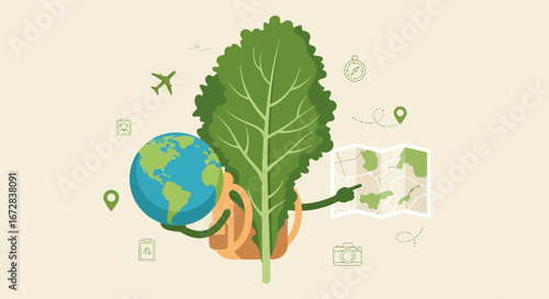 Global Travel Adventure And Exploration Depicted By Botanical And Geographic Elements