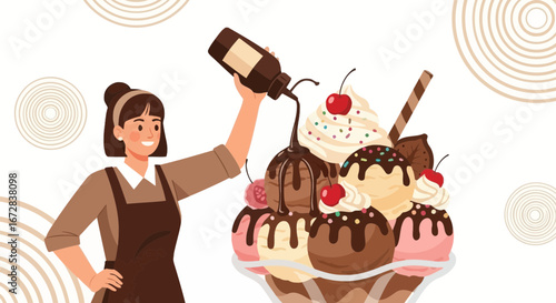 Happy Woman Pouring Chocolate Sauce Over Decadent Sundae Ready To Serve Everyone