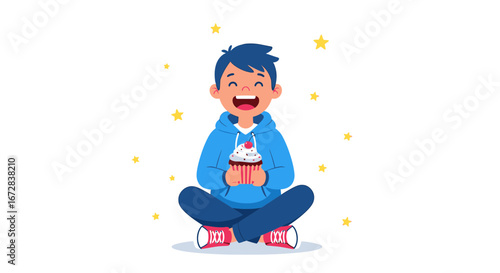 Happy Young Boy Holding a Cupcake with Stars Around Him for Birthday or Celebration