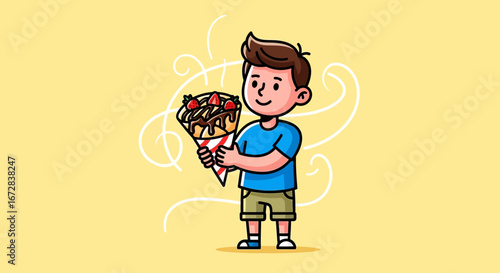 Happy Young Boy Holding Delicious Strawberry Crepe with Chocolate Dessert for Food Lovers