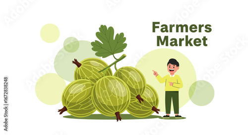 Gooseberry Illustration With The Farmer Market Sign And Cheerful Person Pointing