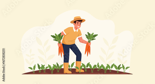 Happy Young Farmer Harvesting Carrots From Garden, Organic Produce Illustration