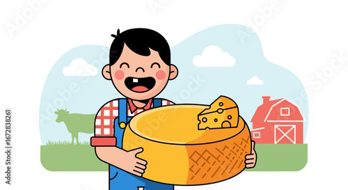 Happy Young Farmer Holding a Wheel of Cheese With Slice and Smiling Joyfully