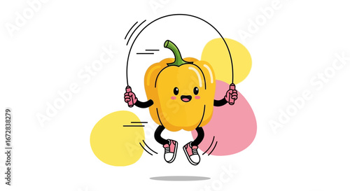 Happy Yellow Pepper Character Jump Rope Exercising With Joyful Smile