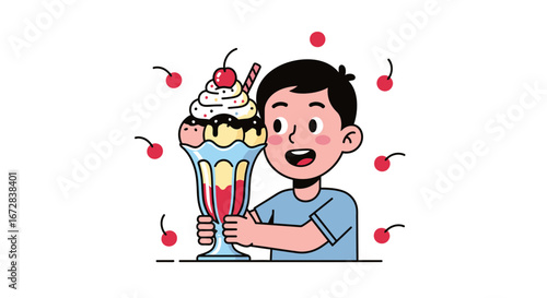 Happy Youngster Holding A Delicious Ice Cream Sundae With Cherries And Straw