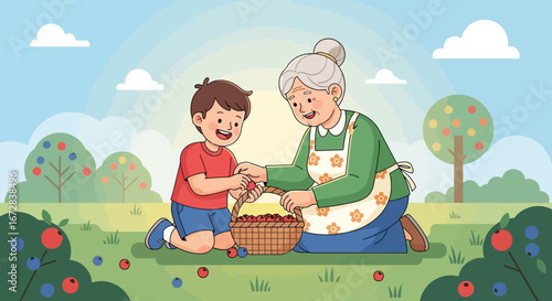 Grandmother And Grandson Harvesting Fruit In A Picturesque Summer Orchard Scene