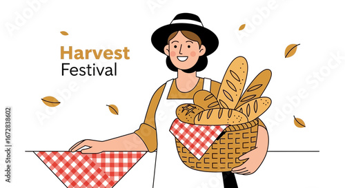 Harvest Celebration Farmer With Baskets Of Freshly Baked Bread Displaying Seasonal Gathering
