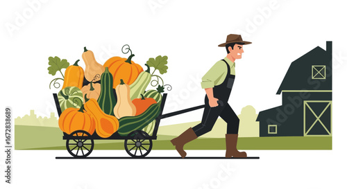 Harvest Scene: Farmer Hauling a Cart of Pumpkins Toward a Farmhouse in Autumn