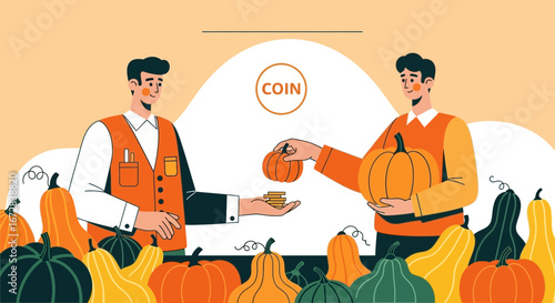 Harvest Season Pumpkin Buying Process Illustration Displaying Economic Exchange