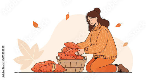 Harvest Season Sweet Potato Bounty Illustration Featuring A Woman And Root Vegetables
