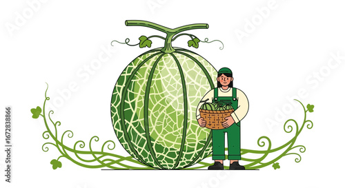 Harvest Time: A Farmer Stands Proudly With Freshly Picked Melons And A Large One.