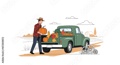 Harvest Time: A Farmer Loads Pumpkins Into a Classic Truck for Their Destination Day