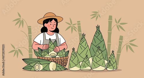 Harvesting Bamboo Shoots: A Colorful Illustration of Freshness with Farm Worker