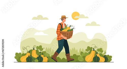 Harvesting Bounty: A Farmer Strolling Through The Autumnal Pumpkin Patch With Vegetables
