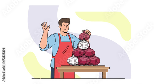 Greengrocer Showcases Fresh Onions, Organizing Produce, Welcoming Shoppers, and Offering Selection