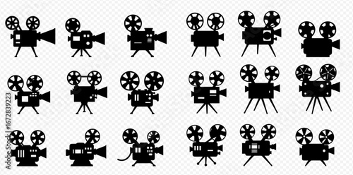 Collection of vintage movie camera silhouettes in various styles and positions on a transparent background.