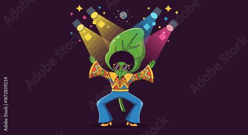 Groovy Green Character: Dancing Under Disco Lights With Colorful Illumination