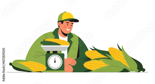Harvesting Corn: A Farmer Assessing Crop Yield with Freshly Picked Golden Corn