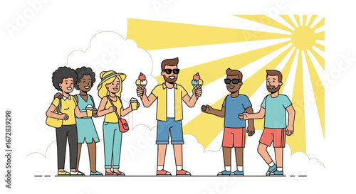 Group Of Friends Gathering Under The Sunshine Enjoying Ice Cream During Summer