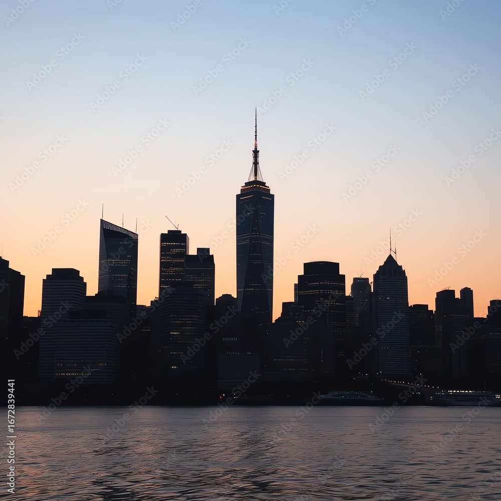 Obraz premium Silhouetted cityscape at sunrise. Tall buildings against a soft orange and pink sky, reflected in calm water. Ideal for urban, city, or sunrise themes.