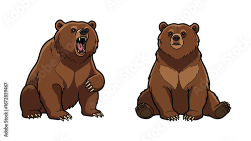 Aggressive roaring and calm sitting grizzly bear mascot illustrations