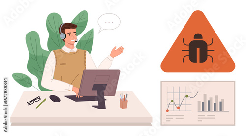 Support agent with headset at desk interacting on computer, addressing software bug issue. Ideal for tech support, customer service, IT solutions, troubleshooting, bug fixing, workflow, simple flat
