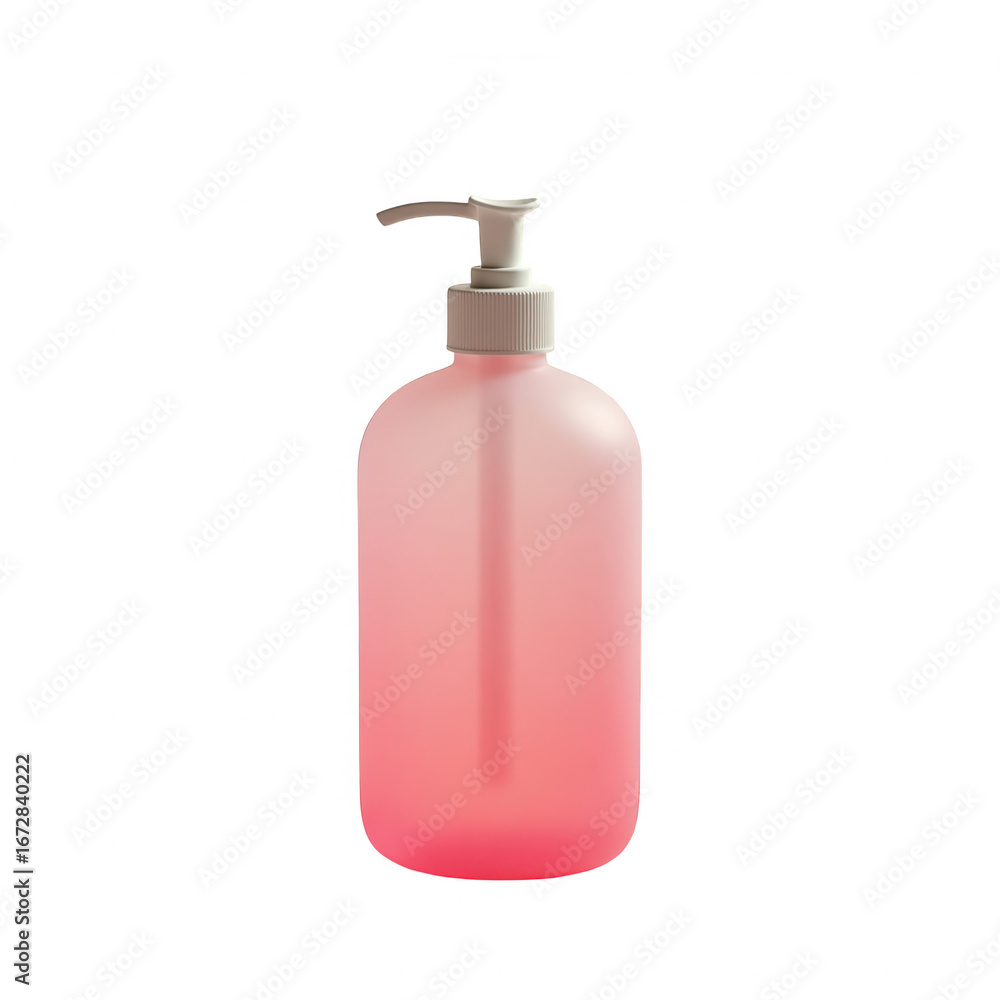A vibrant, gradient-shaded pink plastic bottle with a white pump dispenser stands out against a stark black background. A vibrant, gradient-shaded pink plastic bottle with a white pump dispenser stands out against a stark black background.