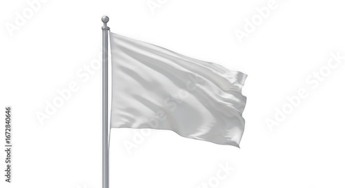 Blank White Flag Waving on Flagpole Isolated on Transparent PNG Background