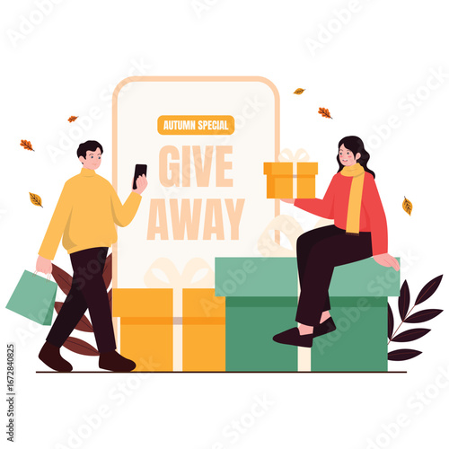 Autumn Promotion Illustration. Vector illustration of Giveaway board with shoppers and gift boxes, falling leaves, warm palette, social post ready, clean composition. Isolated on background