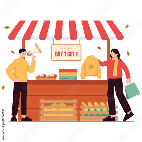 Autumn Promotion Illustration. Vector illustration of Outdoor stall with awning, buy one get one sign, sweaters and pies, corn crates, shoppers and megaphone, autumn leaves. Isolated on background