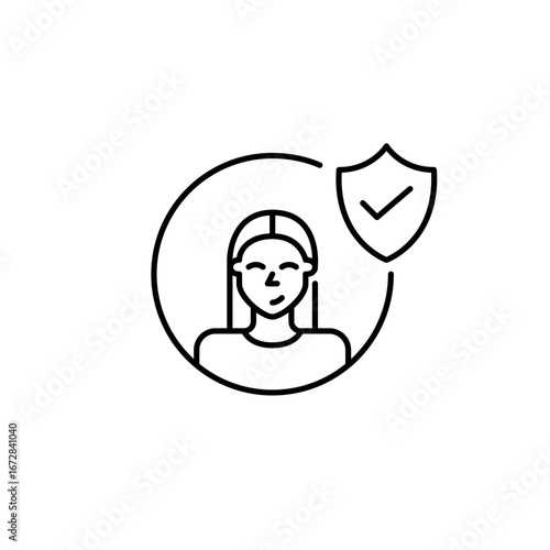 Certified membership, safe data access, authenticated profile. Female user avatar, shield and checkmark. Pixel perfect, editable stroke vector icon