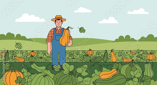 Harvesting Season Illustration Featuring Farmer With Pumpkin Cultivating In The Field