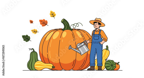 Harvesting Vegetables: A Farmer Watering Pumpkin, Depicting the Autumn Season