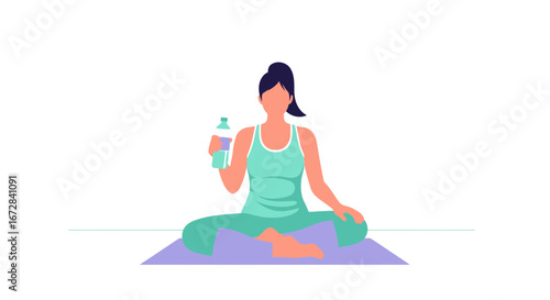 Health And Wellness Illustration: A Woman Resting In Lotus Position While Staying Hydrated