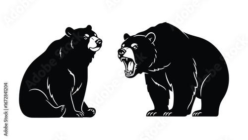 Aggressive roaring and calm sitting black bear mascot illustrations, representing wild nature and powerful strength