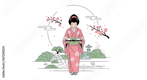 Japanese Woman: A Minimalist Illustration of Culture, Cherry Blossoms, and Tranquility