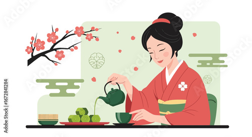 Japanese Tea Ceremony: Elegant Woman in Kimono Offering Matcha with Cherry Blossoms