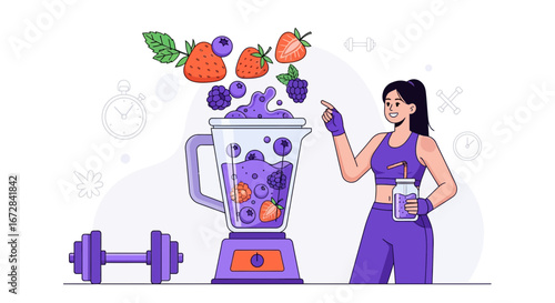 Healthy Lifestyle: Woman Prepares a Smoothie with Fresh Fruits for Fitness