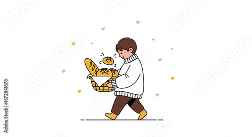 Joyful Baker Walking And Carrying Fresh Baskets Filled With Golden Baked Bread