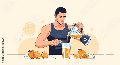 Healthy Male Blending Fresh Citrus Juice, Making Vitamin-Rich Delicious Refreshment