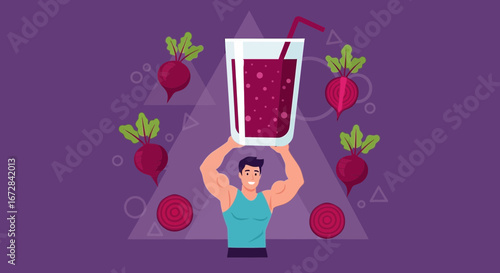 Healthy Muscle Man Celebrates Fitness With Freshly Pressed Beetroot Juice Illustration