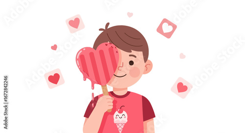 Joyful Boy Concealing Face With Love Shaped Ice Cream, Surrounded By Hearts Symbols