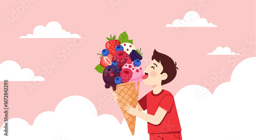 Joyful Boy Devouring Gigantic, Colorful Ice Cream Cone With Berry Assortment