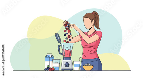 Healthy Smoothie Preparation: Woman Adding Berries for a Delicious and Nutritious Drink