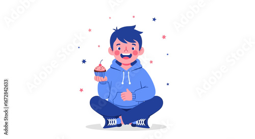 Joyful Boy Holding A Cupcake Smiling Enthusiastically, Vector Illustration Design