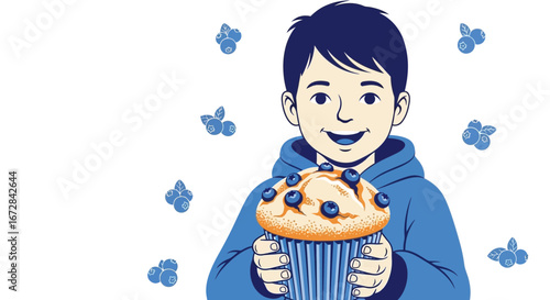 Joyful Boy Holding Blueberry Muffin Illustrative Artwork for Food and Treats Designs